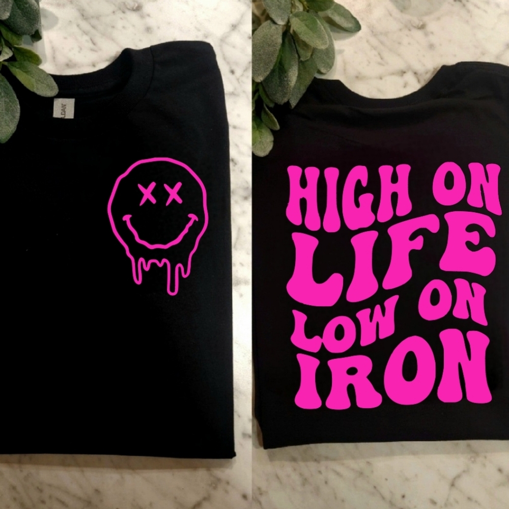 Funny shirt retro high on life low on iron humor popular black and pink tshirt